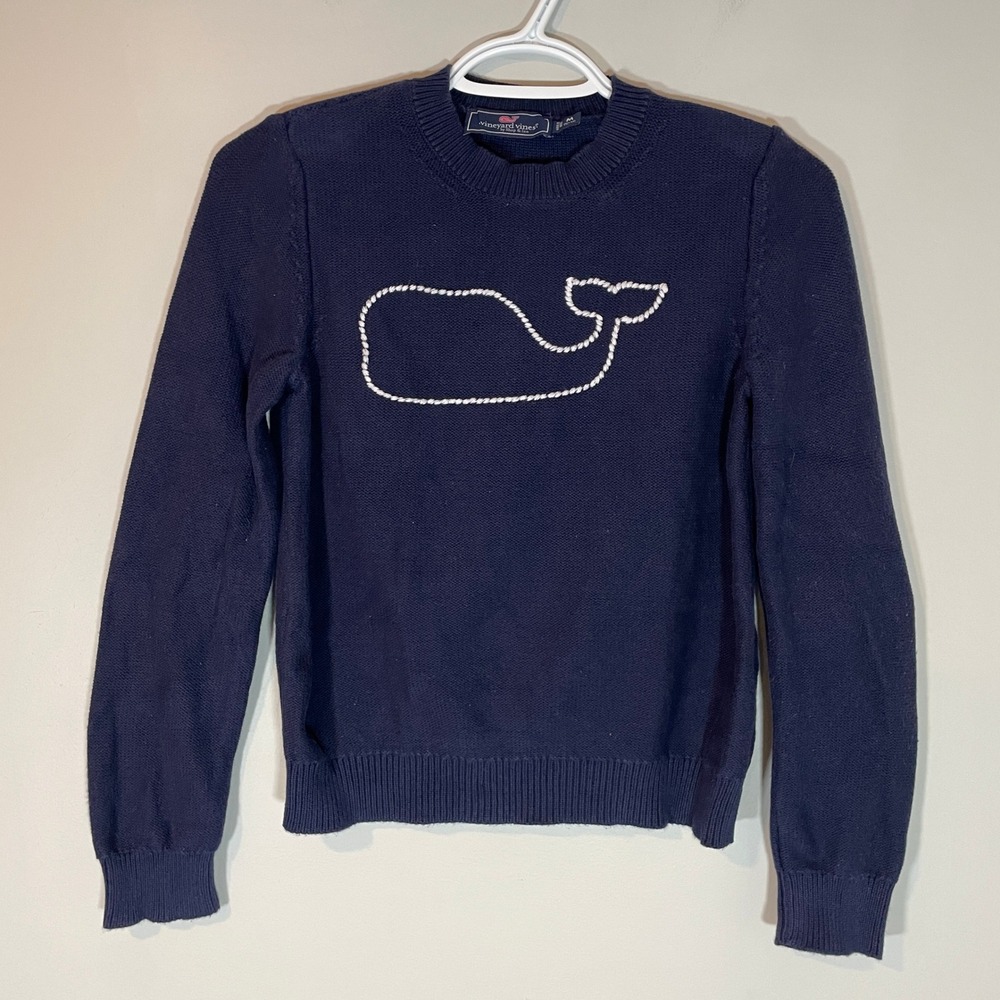 Vineyard Vines Kids Navy Blue Cotton Whale Outline Crewneck Sweater Size M 12-14